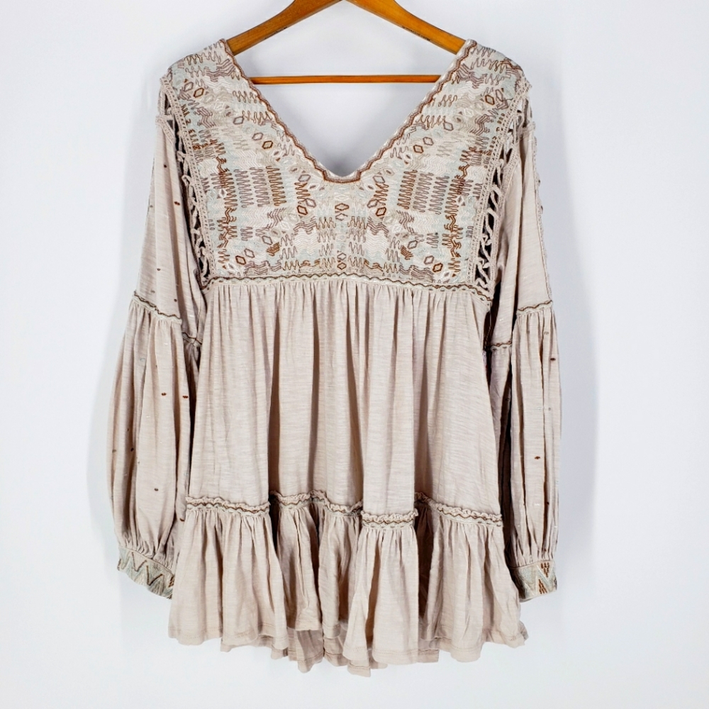 Free People Light Brown Boho Embroidered Balloon Sleeve Top NEW M